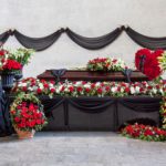 Funeral,,Coffin,,Decorated,With,Wreaths,,In,The,Farewell,Hall,,Panorama.