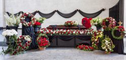 Funeral,,Coffin,,Decorated,With,Wreaths,,In,The,Farewell,Hall,,Panorama.