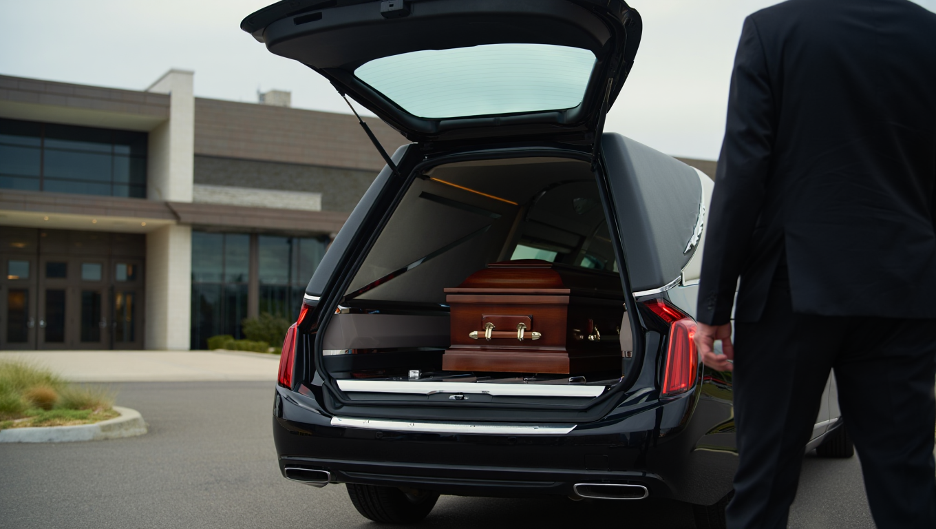 brown casket in the back of a hearse on the way to a preplanned funeral service